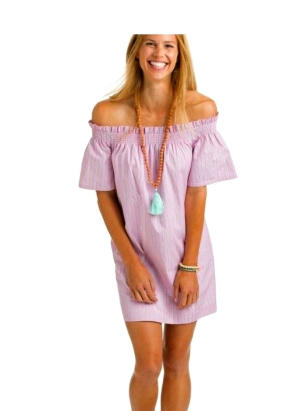 Vineyard Vines NWOT Sweet Taffy Pink Striped Off the Shoulder Dress PTP 17”-19”